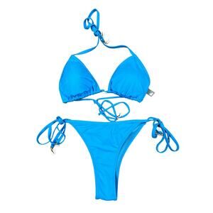 Sunny Co Clothing - Triangle Halter Tie Bikini Top & Tie Side Bottoms in Blue